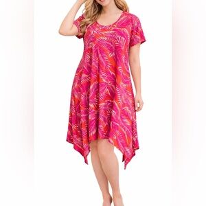 Caribbean Joe Women’s 2X Pink Orange Tropical Palm Print Dress Short Sleeve